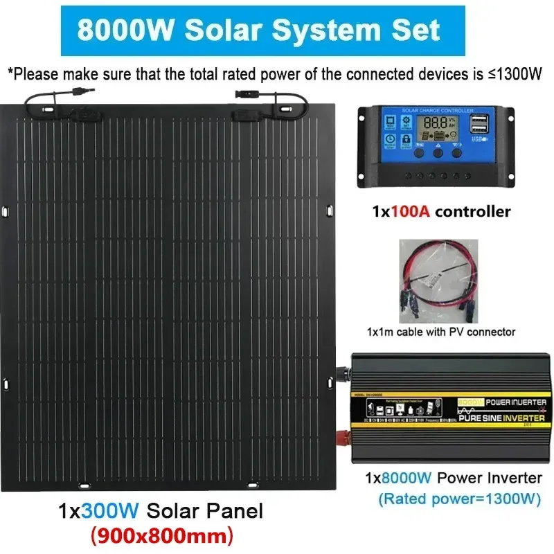 

110V/220V Solar Power System 300W Solar Panel + 100A Controller + 8000W Inverter Power Generation Kit for Camping Car RV Caravan