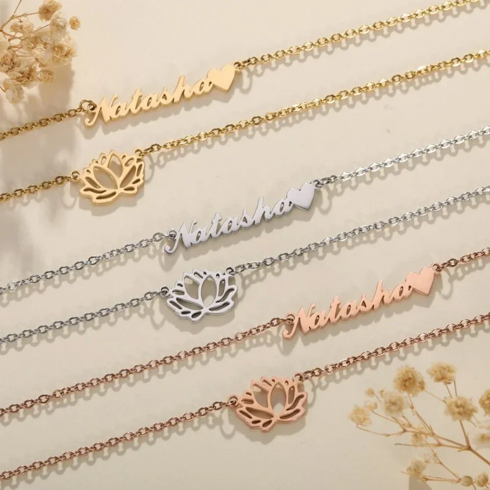 Custom Name Necklaces for Women Stainless Steel Double Layered Necklaces Lotus Flower Pendant Collar Jewelry Gift for Girlfriend