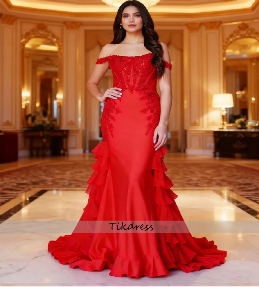 Elegant Red Ruffles Evening Dress Off Shoulders Mermaid Lace Prom Dress 2026 Charming Plus Size Satin Formal Occasion Birthday