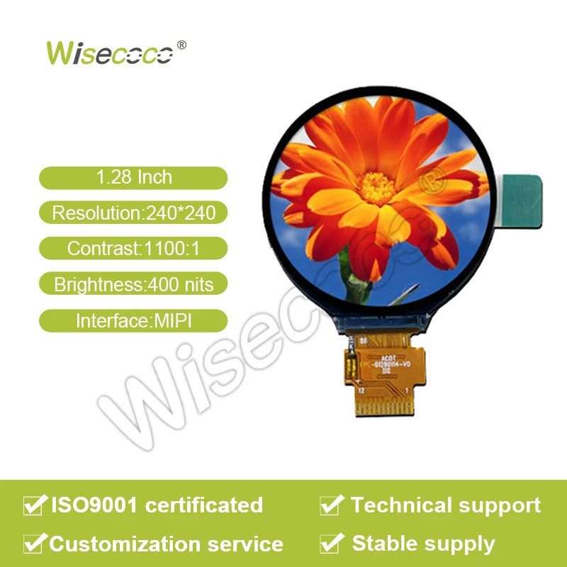 Wisecoco Lcd Panel Ips 1.28 Inch 240*240 MIPI 12Pins Interface 400Nits Display Modules Lcd Screen For VR AR