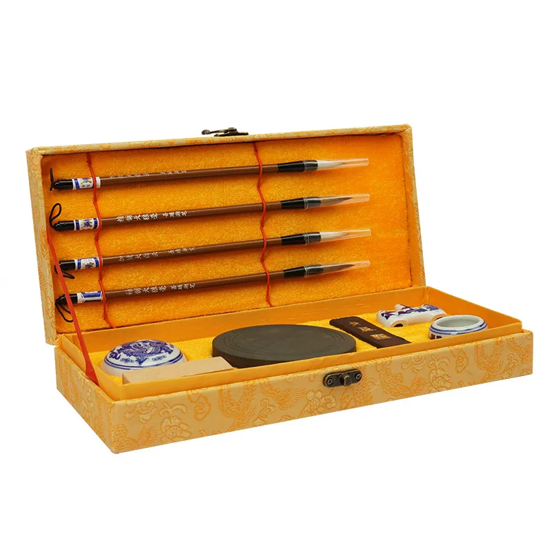 Complete Chinese Calligraphy Set 11 Pieces with 4 Brushes Ink Stick Natural Stone Inkstone Ceramic Brush Rest Water Cup Wooden