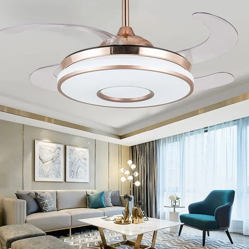 New Contemporary Invisible Gold Ceiling Fan Lamps LED with 4 Retractable Acrylic Blades Lighting Groups Ceiling Light Fan  선풍기