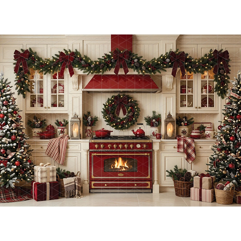 Xmas Kitchen Photo Backdrops Winter Festive Red Fireplace Xmas Tree Wreath Gift Photo Backgrounds