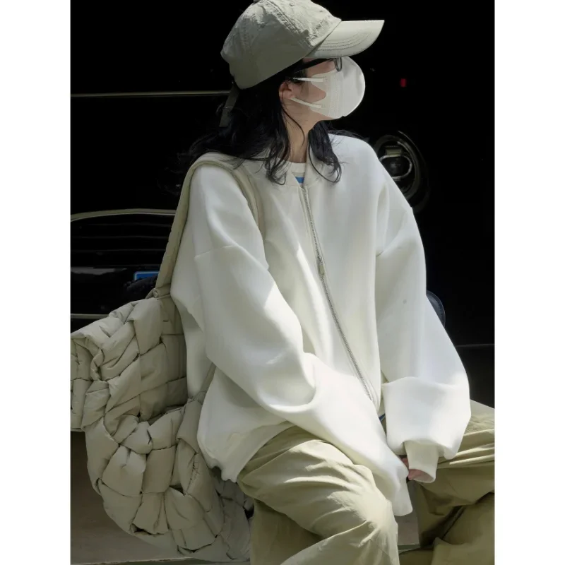 Baseball Viscose Sweatshirts Women Jackets Autumn Air Layer Korean Style Street Sports Loose Profile Casual Stand Collar White