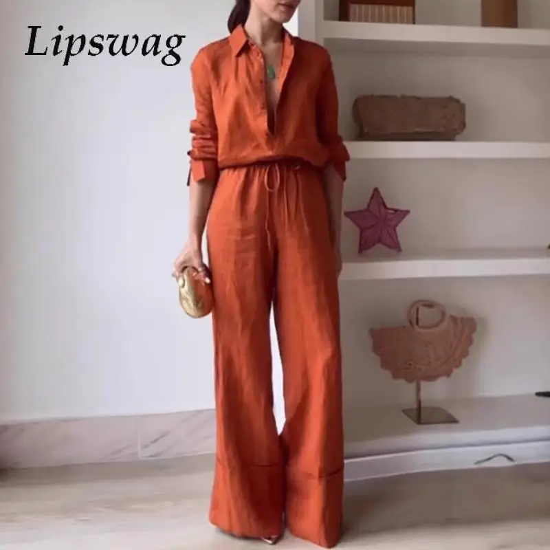 

Ladies Casual Long Sleeve Button Shirts&Drawstring Pants Set Fashion Solid Lapel Collar Temperament Suit New Slim Office Outfits