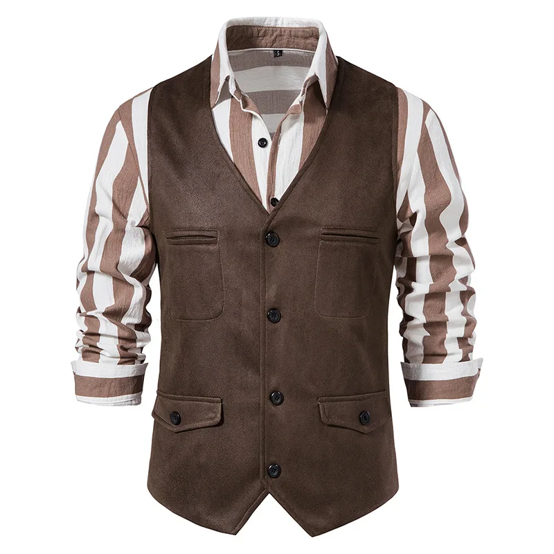 

Vintage Vest Mens Faux leather V-Neck Sleeveless Jackets Fashion Single Breasted Casual Classical Suit Business Slim Fit Costume