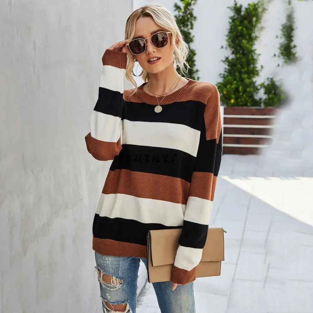 

Женский вязаный свитер в полоску, базовый слой, топ, новинка весны Faion Long Sve, полиэфирное волокно, 00% с капюшоном