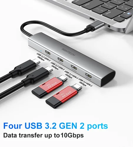 RSHTECH USB C Hub USB 3,2 Hub 10Gbps 4 puertos USB-C divisor portátil de aluminio USB tipo C adaptador para MacBook Thunderbolt portátil