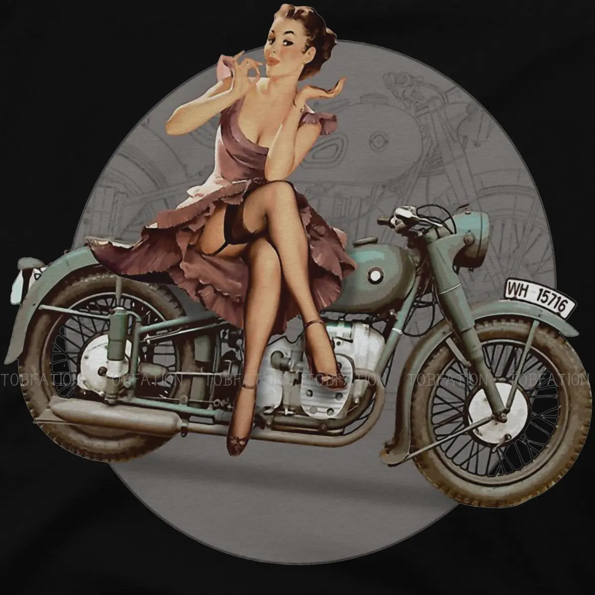 Pin Up Girl Motorcycle WWII TShirt Men Graphic Casual Crewneck Cotton T Shirt 2020