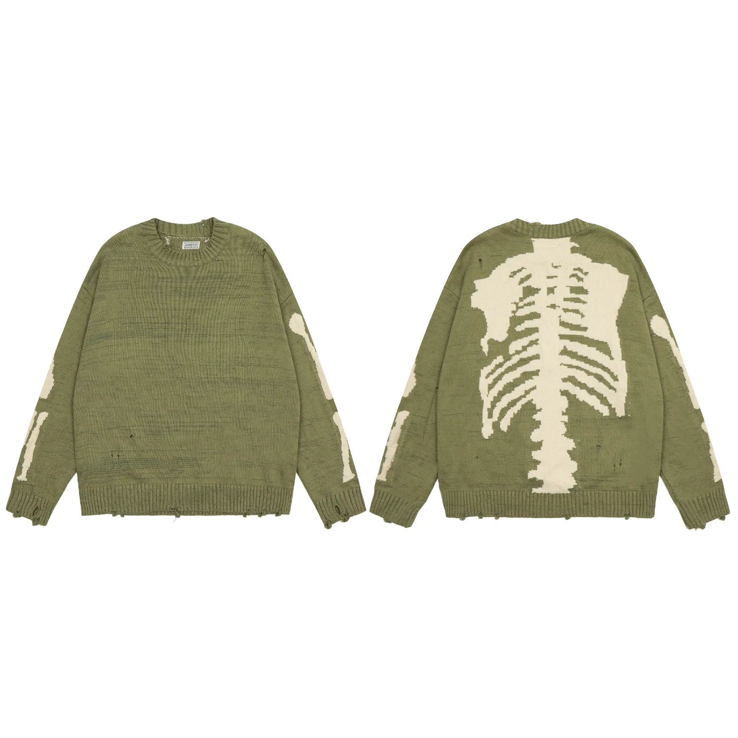 Hirata Kazuhiro's back bone green perforated long sleeved loose fitting pullover knitted sweater for men and women's fashion