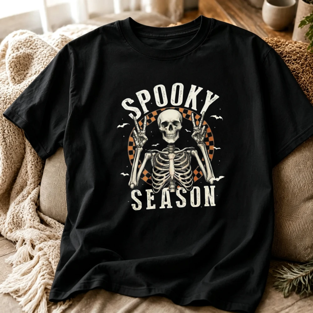 Halloween Spooky Season Graphic T‑Shirt Retro Skeleton Peace Sign Bat Print Short Sleeve Crew Neck Tees Casual Top for Men Women