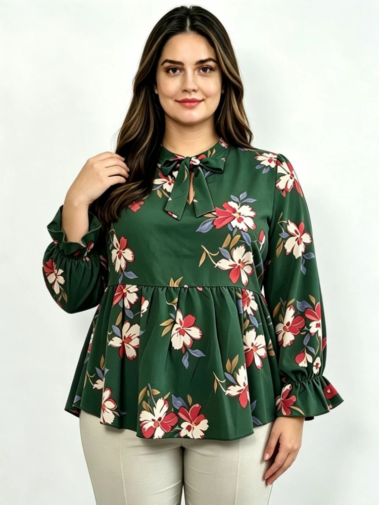 XL-5XL Plus Size Autumn Floral Print Shirt For Women Casual Office Lady Fashionable European And American Style Loose Tops