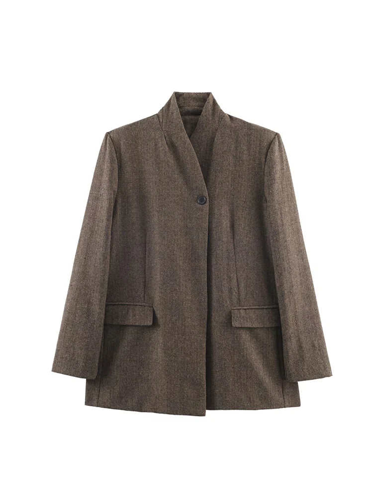 

European-style new arrival women's fashion versatile and elegant solid color herringbone twill buttoned blazer jacket.