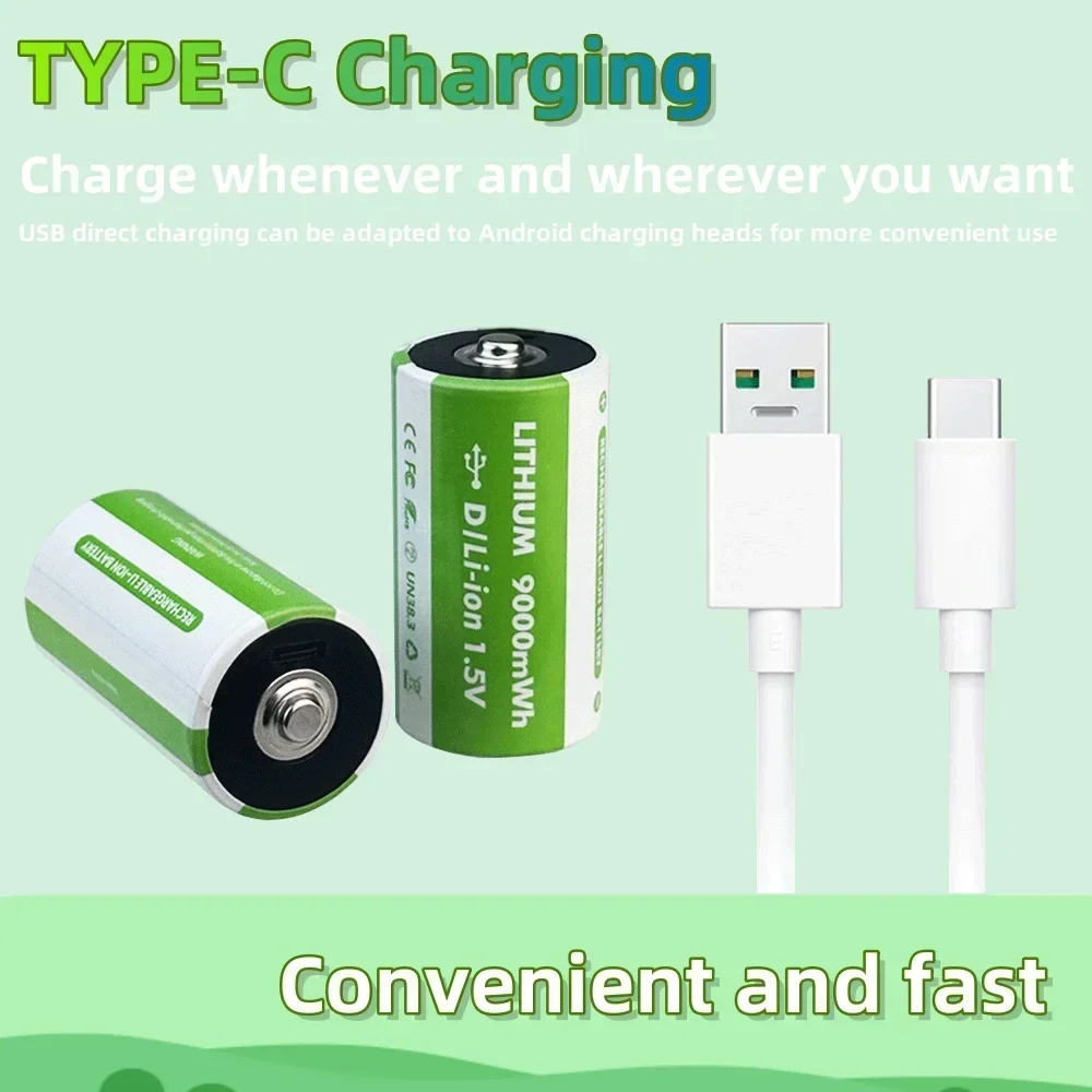 1.5V 9000mWh D/LR20 li-ion Battery Rechargeable Battery Type C USB Charging Suitable for household appliance, flashlight