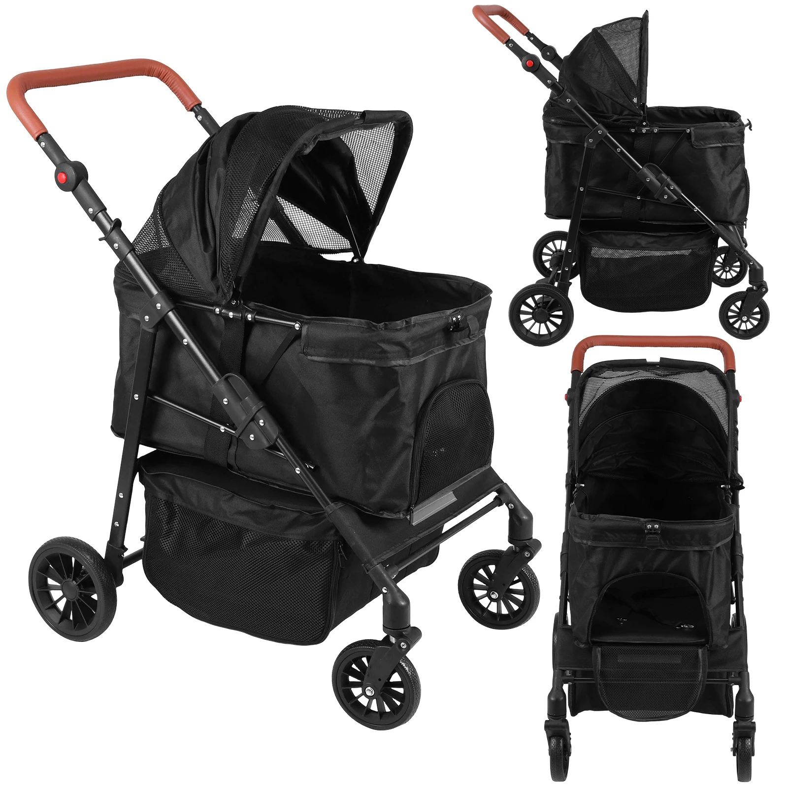 

Складная коляска для животных с защитой от непогоды и корзиной для хранения, 4 колеса, для прогулок с маленькими/средними собаками и кошками