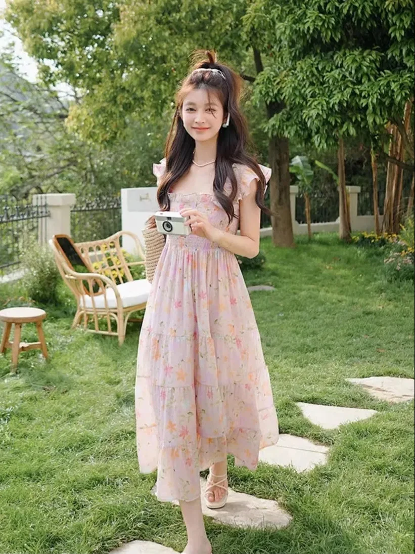 Vestido retrô suave estilo gola quadrada novo vestido fino e doce com manga voadora