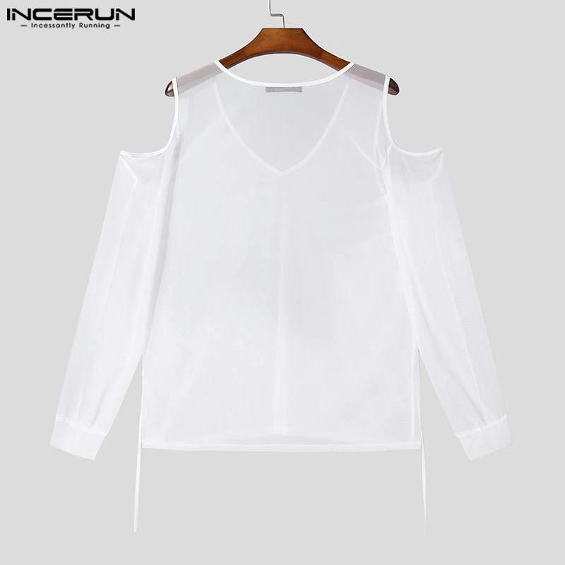 INCERUN Tops 2024 Korean Style New Men\'s Personality Hollow V-neck T-shirts Fashion Sexy Perspective Long Sleeved Camiseta S-5XL