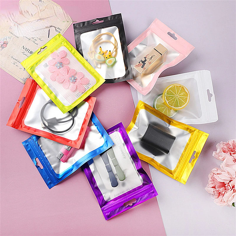 50pcs Matte Aluminum Foil Zip Lock Gift Packaging Bag Resealable Snack Candy Bracelets X-mas Jewel Window Hanging Hole Pouches