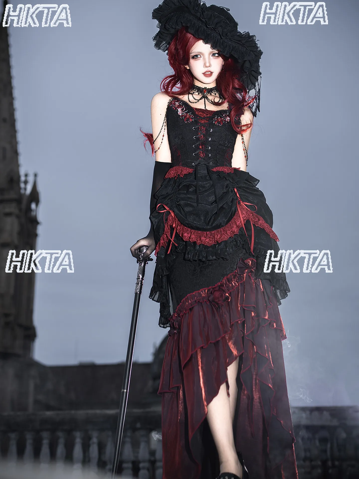 Elegant Vintage Dark Goth Subculture Y2k Personality Lace Embroidered Lolita Suspender Vest A Line Skirt Red Dress Set Women view 5