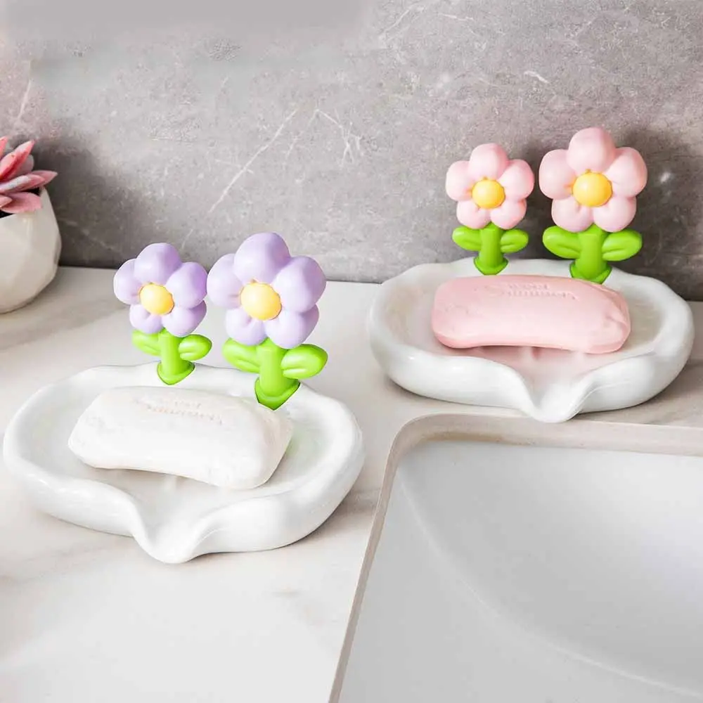 Flower Shape Ceramic Soap Dishes No Water Accumulation No punching Soap Holder Extend Soap Life Self Draining Soap Box Bathroom