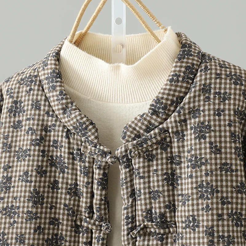 Thiened algodão jaet feminino inverno hanfu algodão linho estampa floral top longo sve comprimento regular fecho de botão único