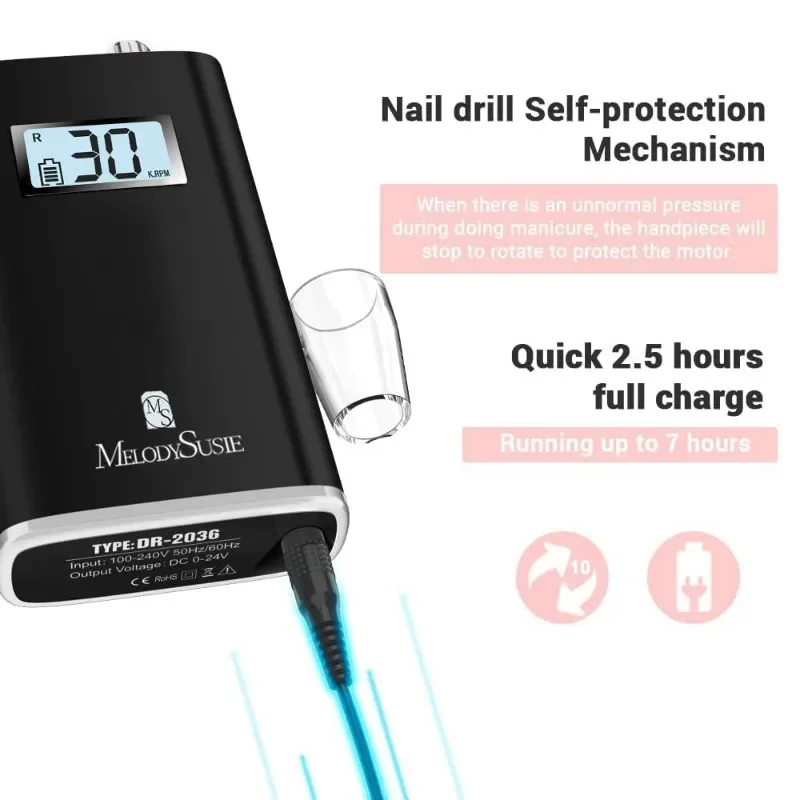 MelodySusie Professional Rechargeable Nail Drill Portable Electric File Scamander Manicure Pedicure Carve