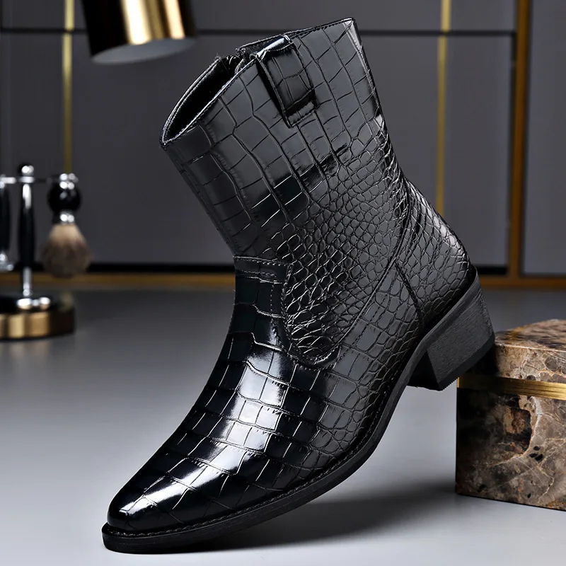 Botines de cuero con patrón de cocodrilo para hombre, zapatos de vestir de moda de talla grande de estilo británico, botas Chelsea de diseñador negras para hombre