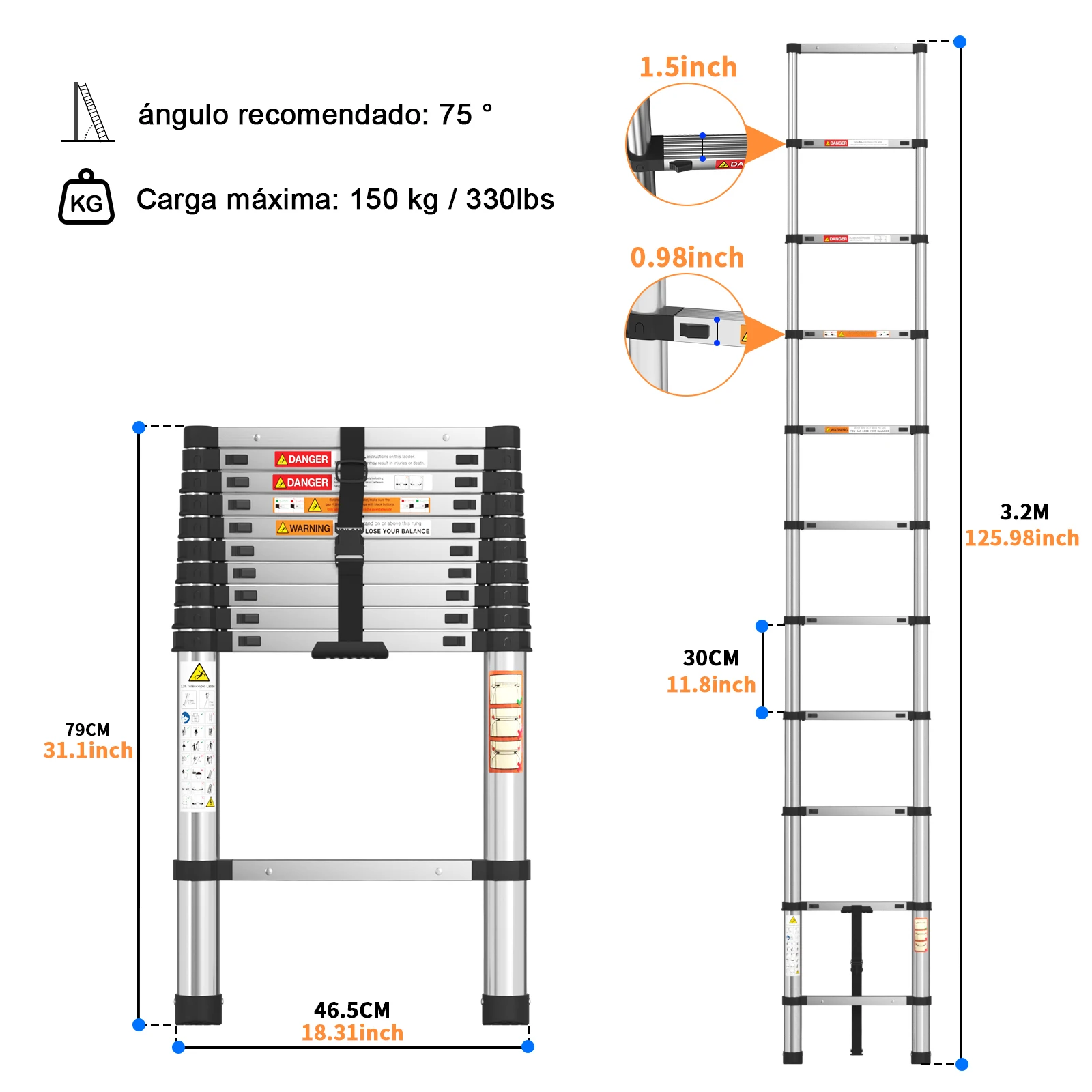 Escalera Telescópica Extensible de 3.2M (10.5 Pies) para Uso en el Hogar o la Oficina, Limpieza, Mantenimiento, Decoración