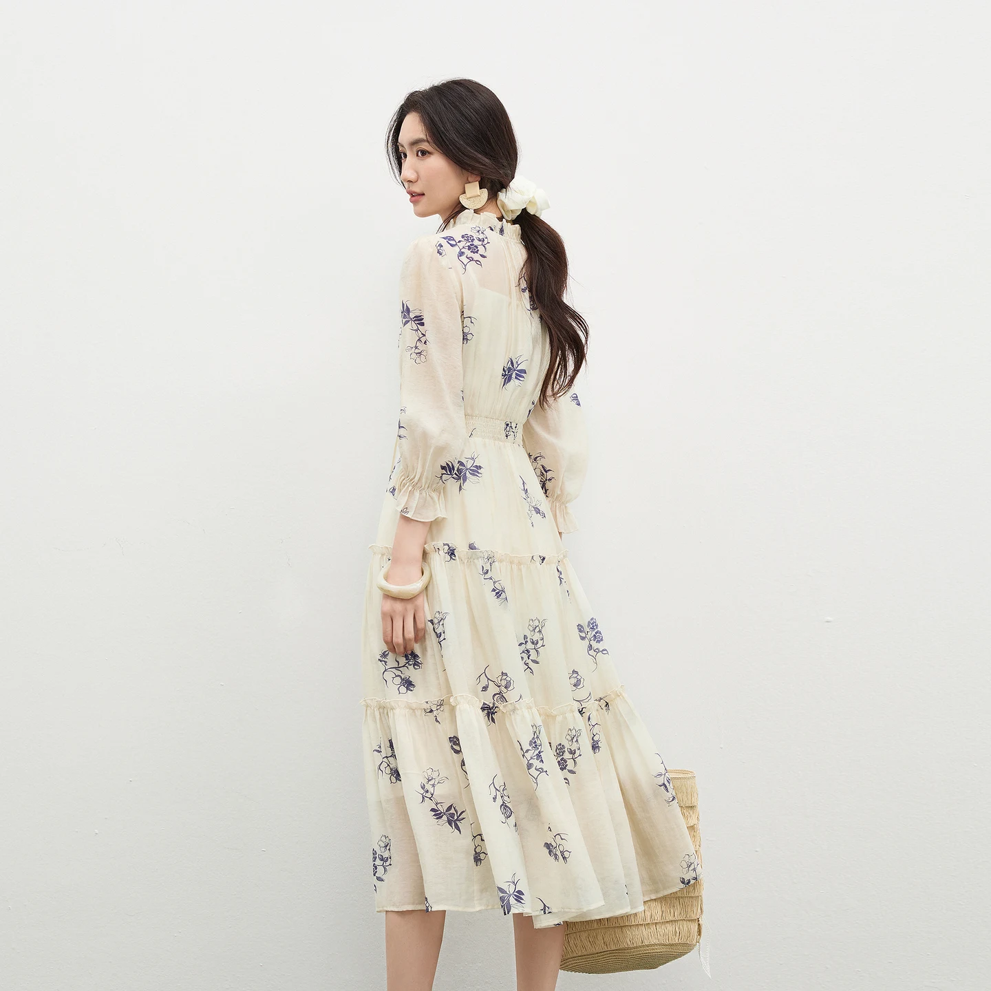 SENTUBILA Women's Printed Dress Set 2026 Spring New Ruffled Tie Neck 3/4 Butterfly Sleeve Camisole Dress Two-Piece Set 161LF4722