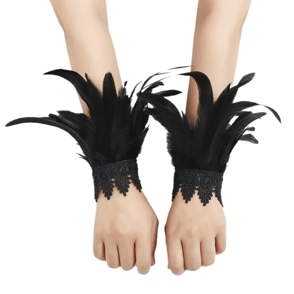 Black Lace Fluffy Feather Wrist Cuffs Lightweight Chic Plume Bracelet Adjustable Gothic Halloween Arm Cuff Gloves Themed Party