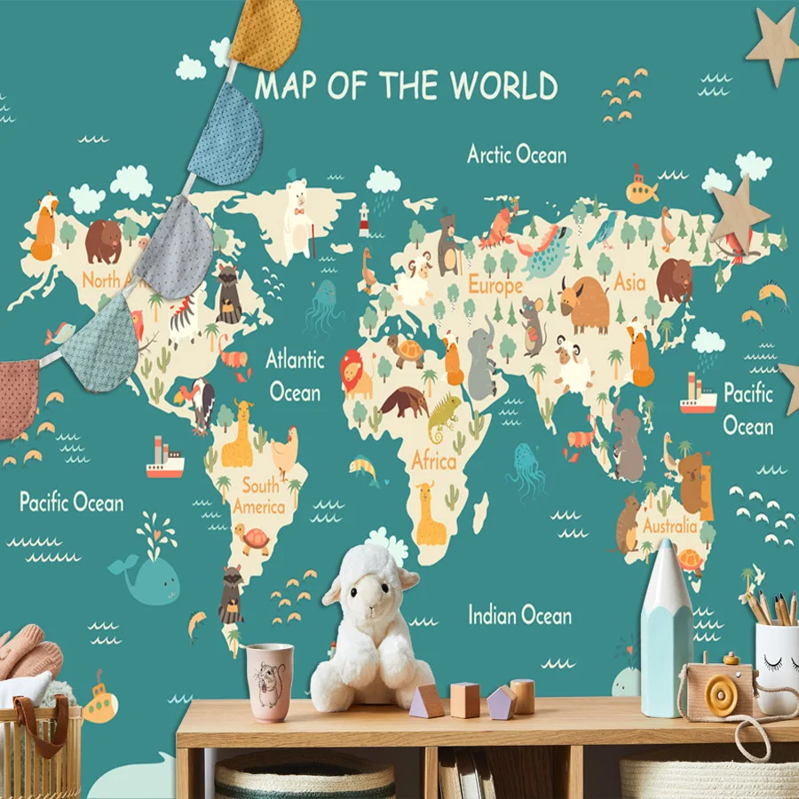 

Custom Self Adhesive Wallpapers Accept for Bedroom Walls Living Room Kid Cartoon Animal World Map Contact Paper Home Decor Mural