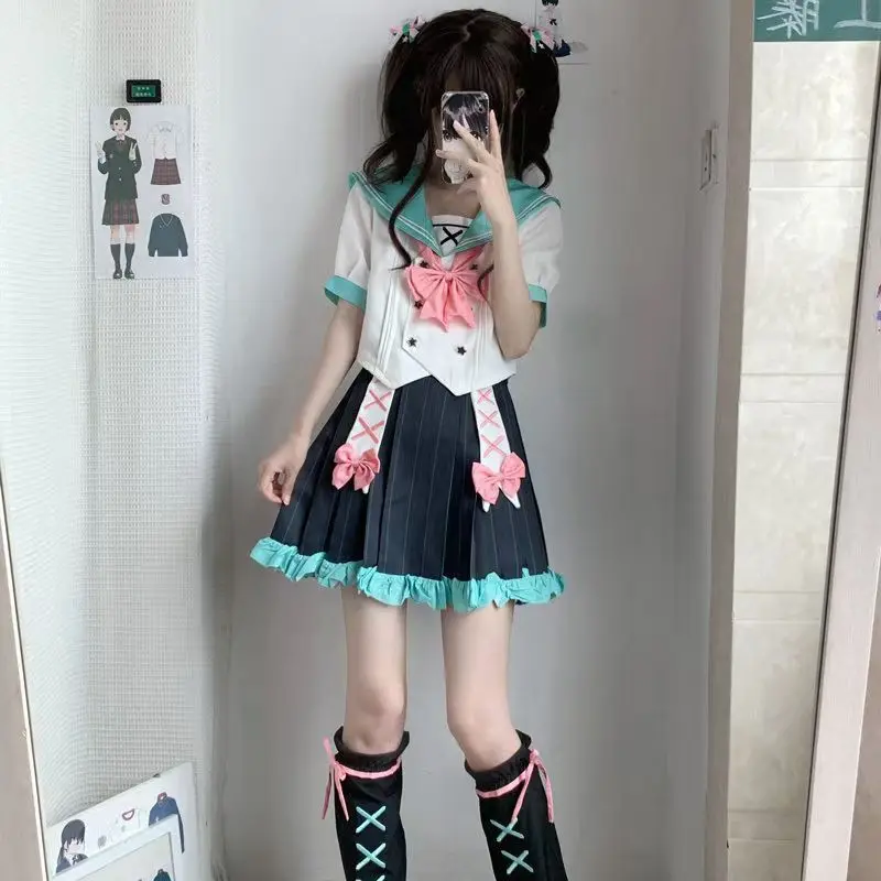 Fato japonês de marinheiro feminino, trajes cosplay para meninas, saia plissada, estilo rosa, estudante do ensino médio, uniforme JK, estilo coreano