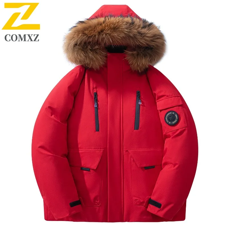 COMXZ سترة شتوية للرجال والنساء ريترو خفيفة الوزن دافئة منفوش بياقة من الفرو معطف أبيض مبطن للتزلج على الجليد مع قلنسوة سترات منتفخة #3