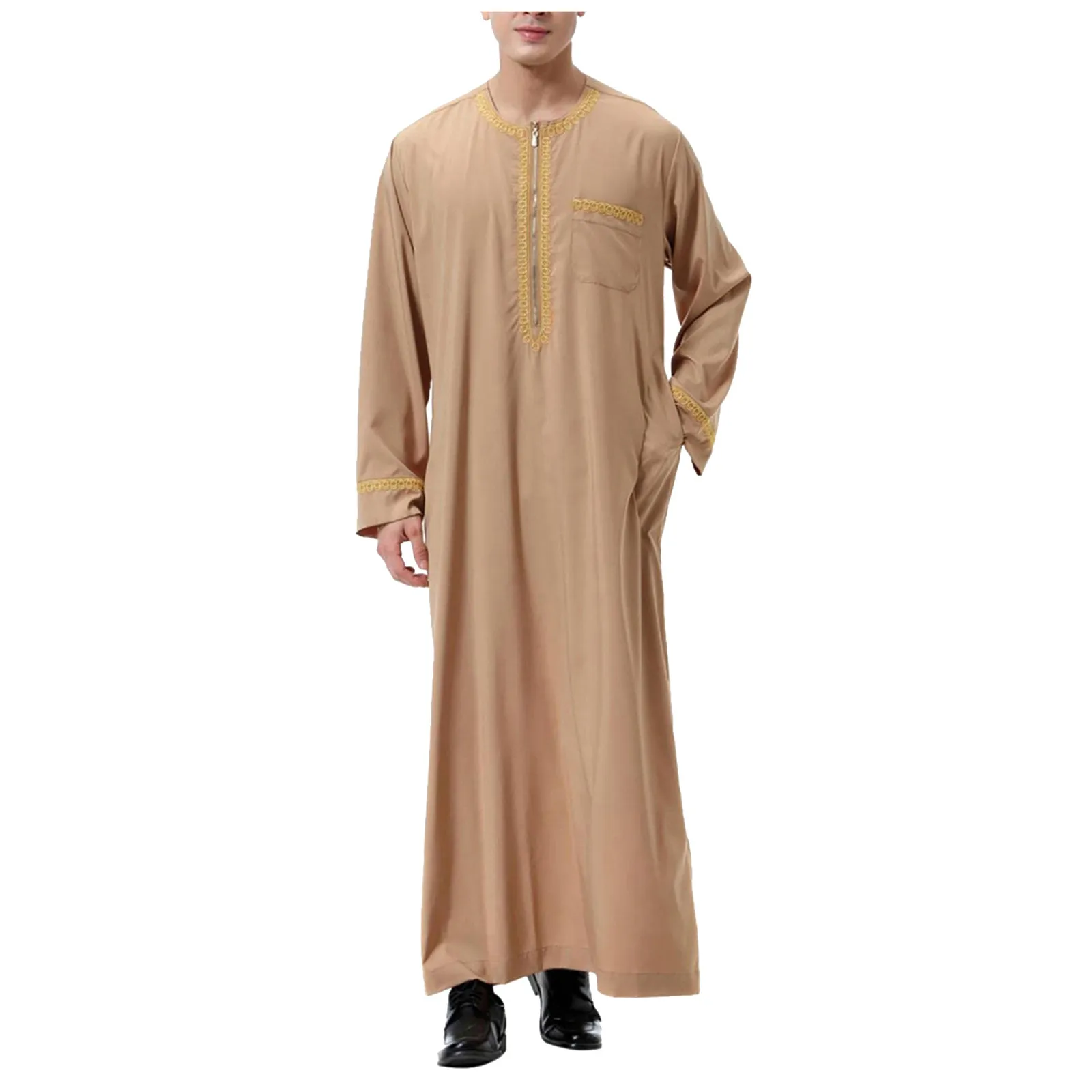 Bestickte Herren muslimisches Kleid muslimische Robe arabische mittlere Robe Langarm Tasche langes Hemd Dubai Saudi-Arabien Musulmane Kaftan