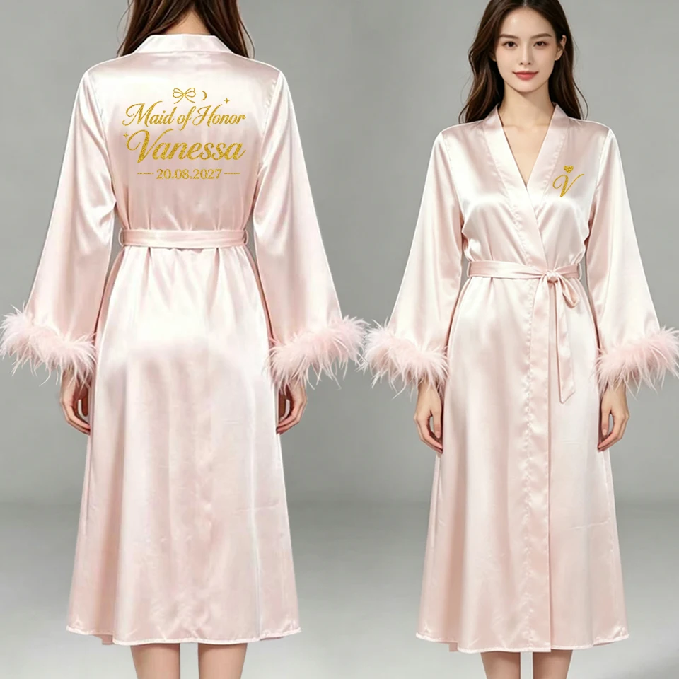 Custom Name Bride Robe Satin Feather Bridesmaid Robes Personalized Wedding Morning Gown Bachelorette Party Bathrobe view 2