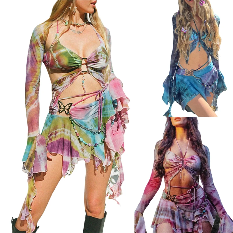 Casual Holiday Sexy Hollow Out Women Beach Summer Long Sleeve Tops 2024 Tie Dye Print Vest Mini Skirts 3 Piece Set Y2K Clothes