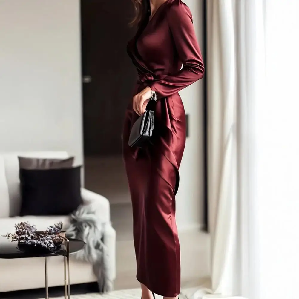 Dames wikkeljurk van satijn, zijdezacht, midi-lengte, temperamentvolle Hepburn-stijl, lange mouwen, nauwsluitende taille, vrouwelijke kantoorjurk, 80% satijn.