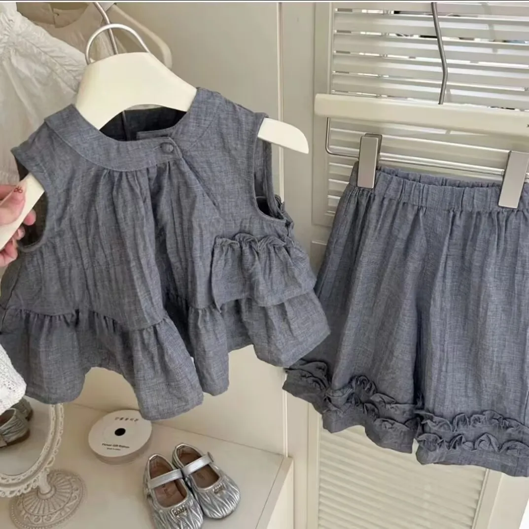 2025 Summer Girls Outfit Set Flounce Blouse + Wide Leg Pants 2-Piece Solid Color Minimalist Style for Age 2-7 Years Casual Suits