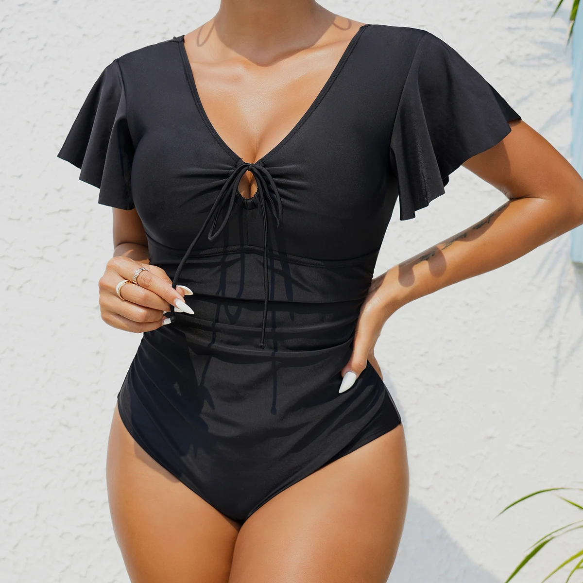 NACULAR Black One Piece Swimsuits Swimwear Push Up Female Body Bathing Suits Pool Beachwear Women Swimming Ruffle Short Sleeve