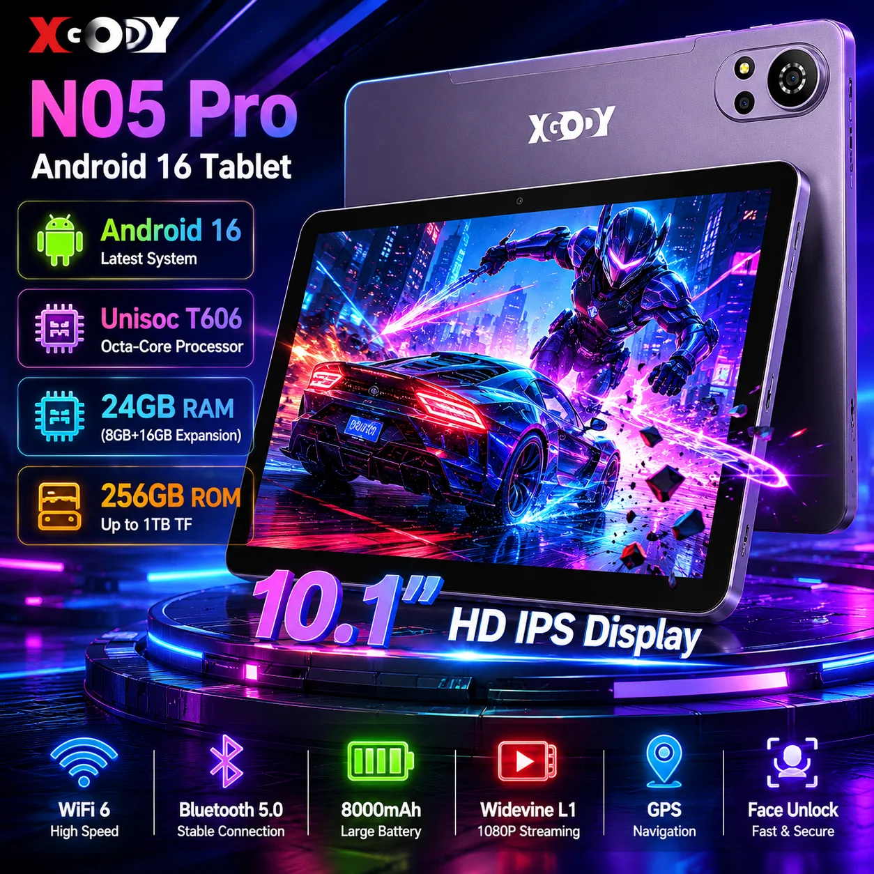 XGODY N05 Pro Android 16 Gaming Tablet 10.1 Inch WiFi 6 Unisoc T606 Octa Core 24GB RAM 256GB ROM 1TB TF Widevine L1 Face Unlock GPS 8000mAh