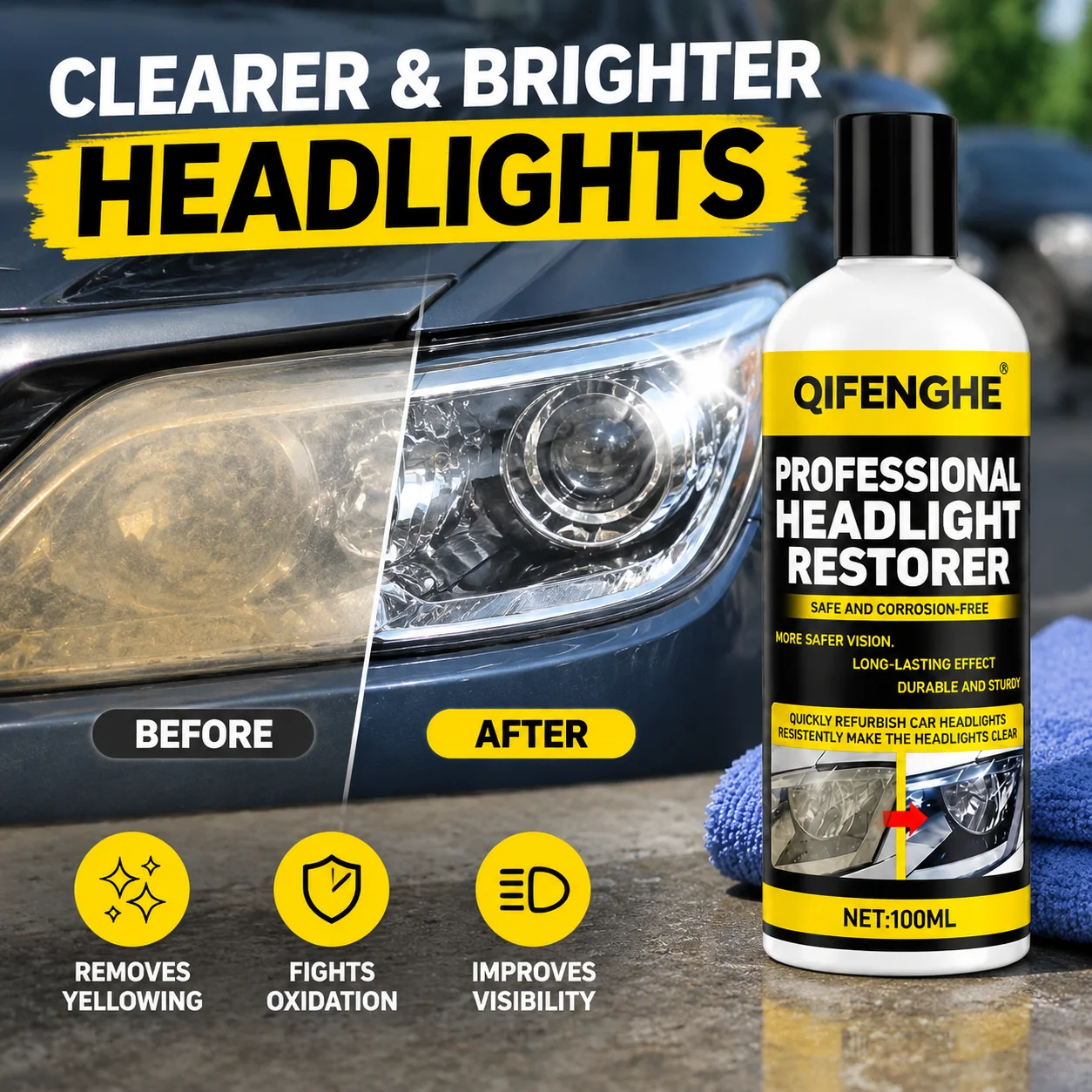 Professional Headlight Restorer - Improves Yellowing, Oxidation & Fogging - Abrasive Lens Polish for Clearer, Brighter Headlight