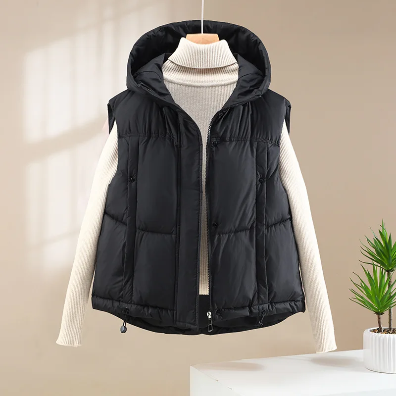 Herfst Winter Dames Los Mouwloos Vest Gewatteerd Bodywarm Capuchon Warme Vest Jas Volledige Zip Bubble Gewatteerde Warme Jas Uitloper