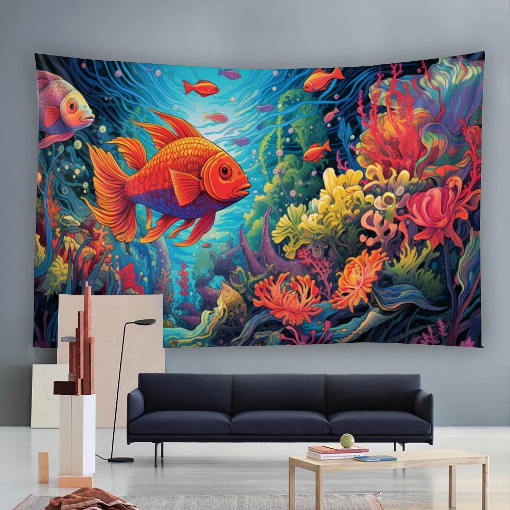 

Cartoon oil painting tapestry, multiple sizes, dreamy underwater scenery bedroom wall decoration dormitory home background cloth
