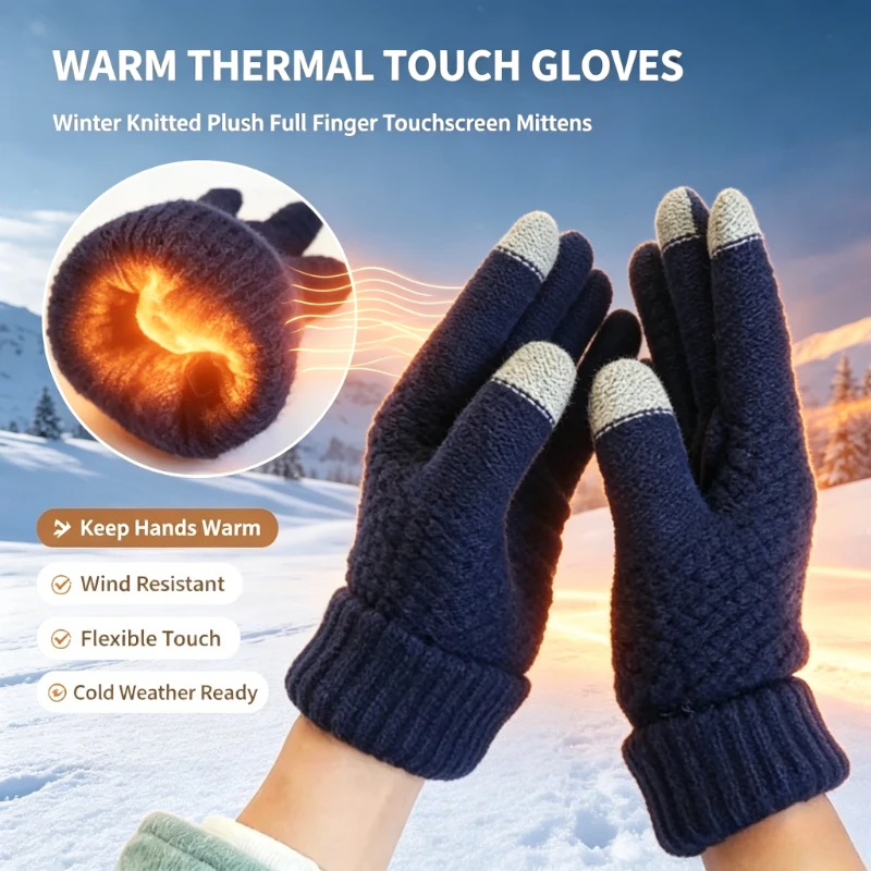 Wool Glove Lined - 2026年冬新作 プラッシュ裏地付きサーマルグローブ タッチスクリーン対応 フルフィンガー 伸縮性のある暖かいニット製 アウトドアスキー、運転用