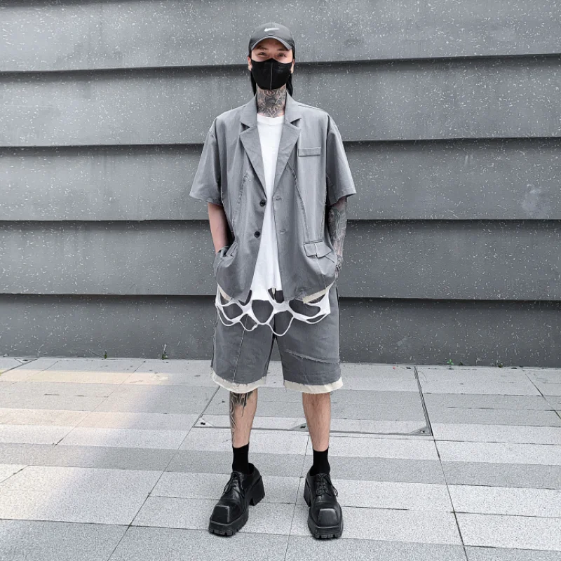 Multi Pocket Cargo Dark Niche Deconstruction Advanced Short-Sleeved Suit Shorts Men's Trendy with Handsome