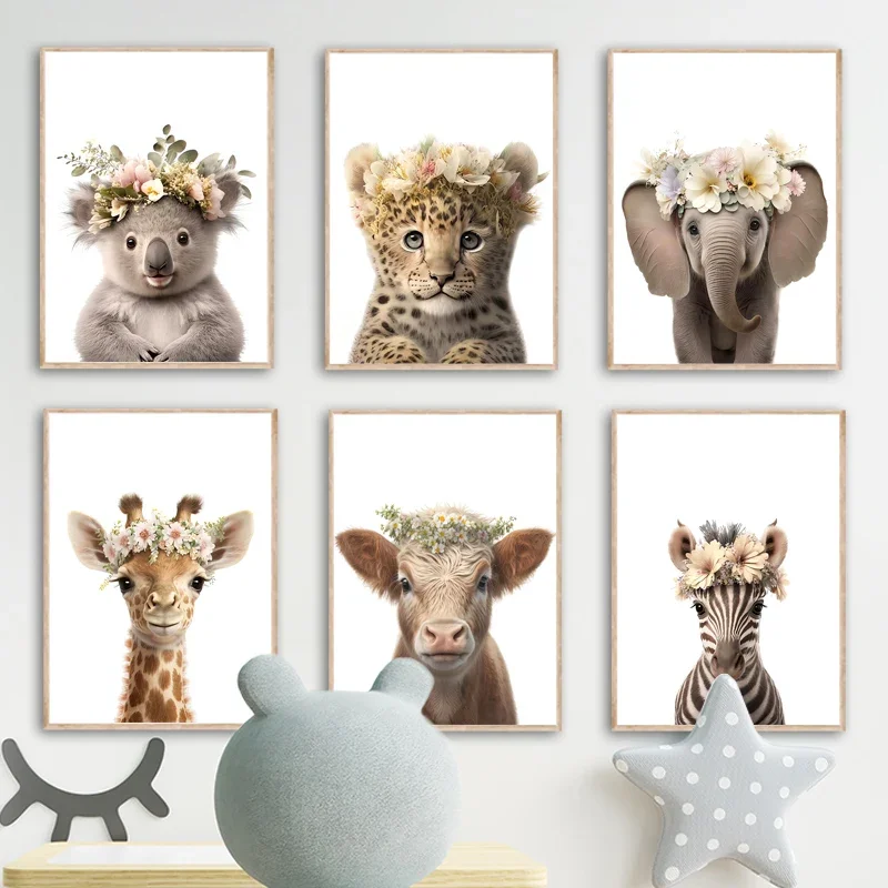 Koala Giraffe Elephant Adorable Woodland Animals Boy Girl Nursery Modern Wall Art Children Painting Poster Baby Kids Room Decor