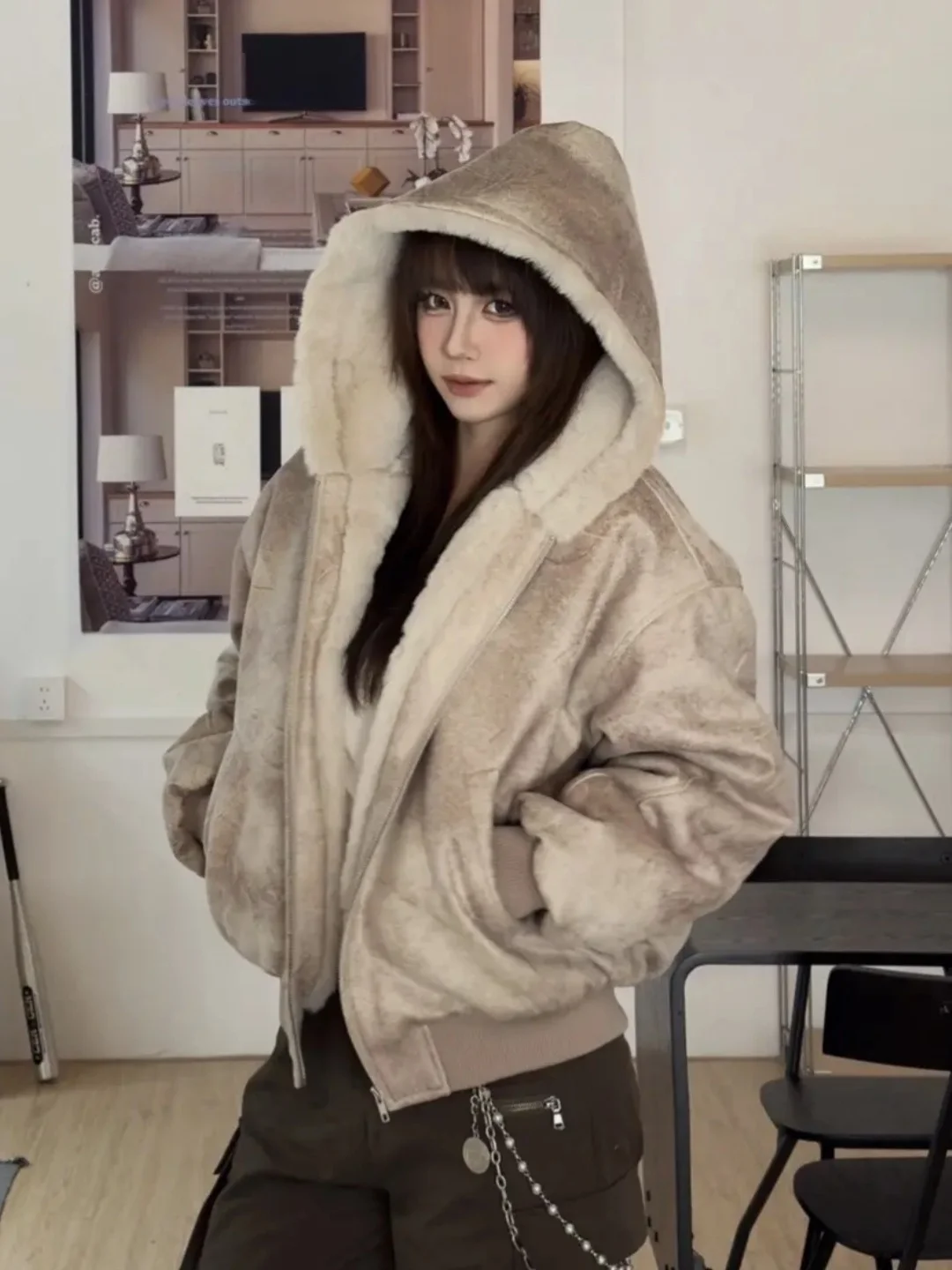 

Мужская и женская зимняя куртка American Sle Mountain Eagle из хлопка с мехом ягненка, модная городская повседневная модель с длинными рукавами на молнии