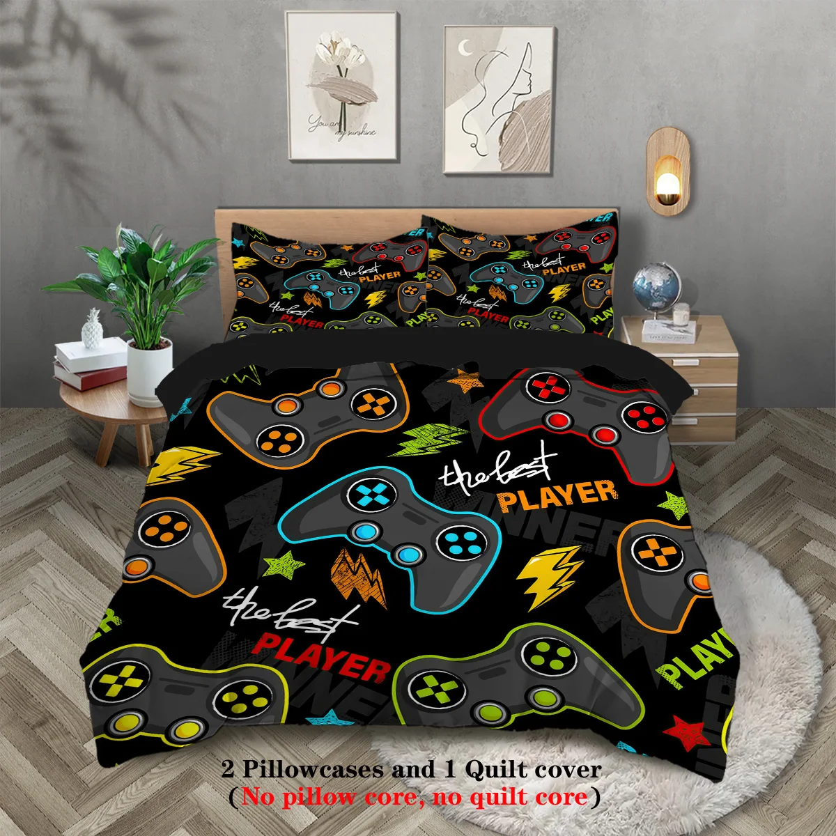 3pcs Game Controller Pattern Printed Bedding Set, 1* Duvet Cover + 2* Pillowcase, Suitable for Teenagers and Adults Bedroom