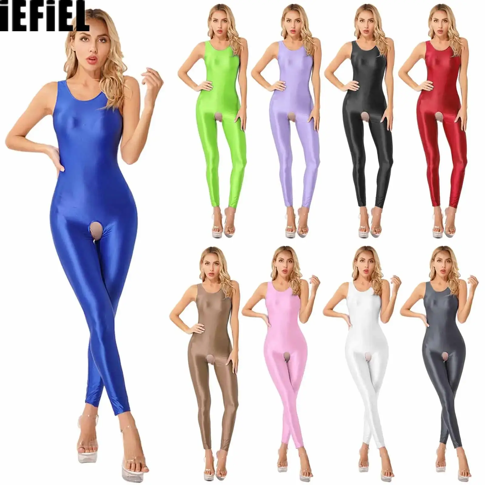 

Женские глянцевые комбинезоны, колготки с открытой промежностью, облегающие комбинезоны, однотонные эластичные боди без рукавов с U-образным вырезом, ночное белье