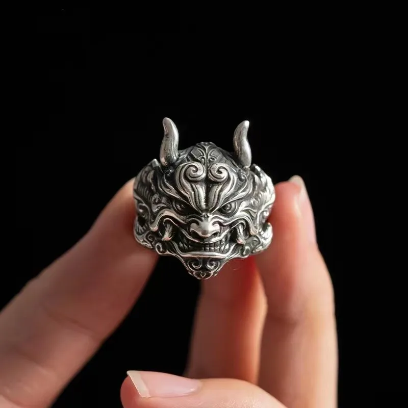 Retro Mahakala Mask Ring For Men Silver Color Punk Gothic Rock Hiphop Adjustable Open Ring Handmade Jewelry Biker Accessories